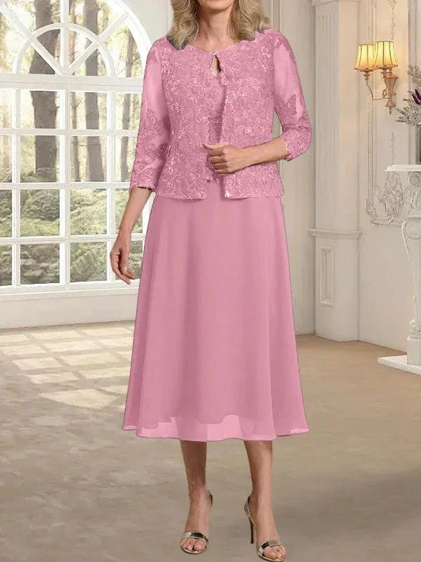 A-line Scoop Tea-Length Lace Chiffon Mother of the Bride Dress With Sequins by Dreamylily
