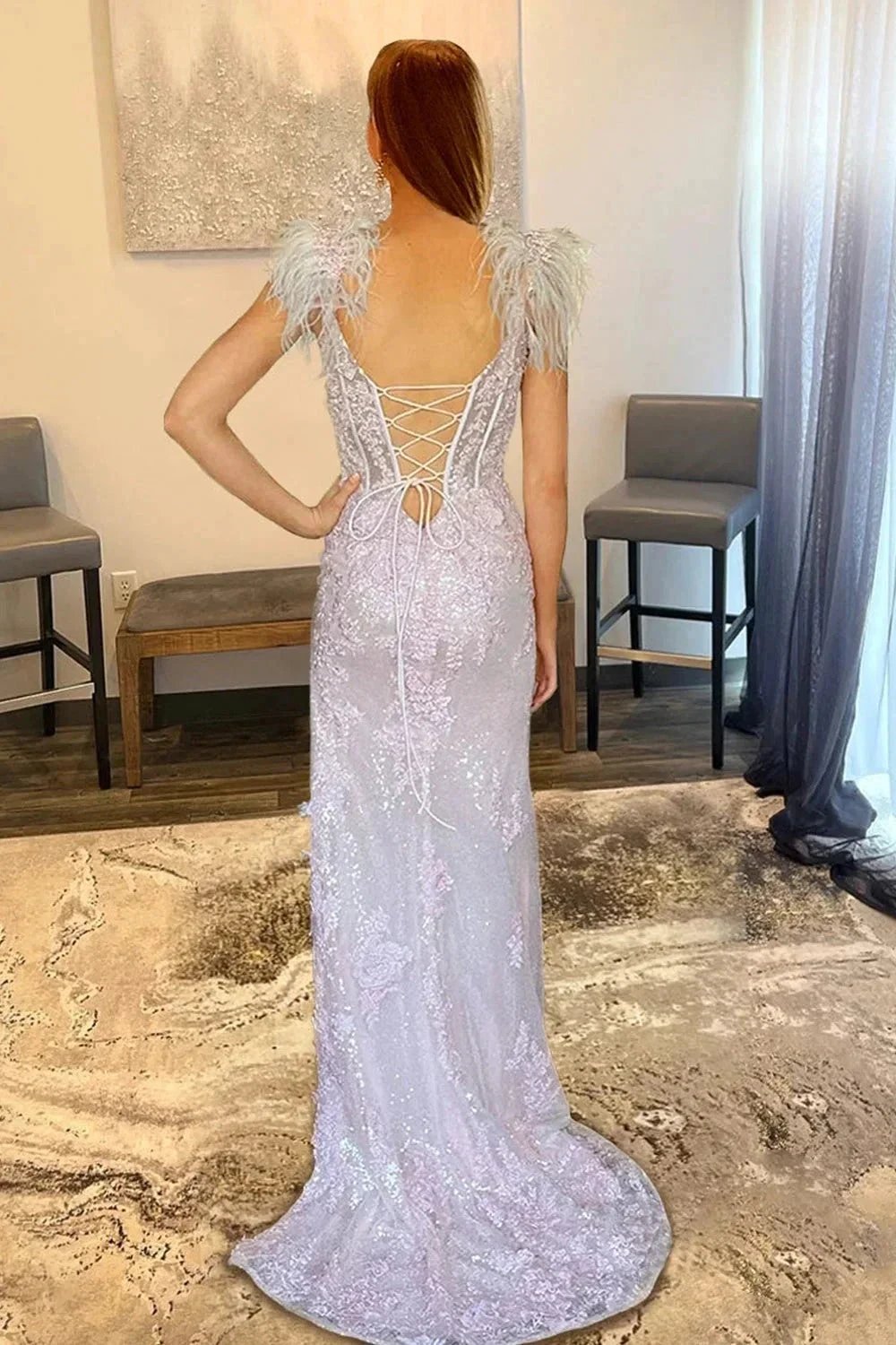 Pink Appliques Mermaid Split Prom Dress with Feathers PSK498 by pgmdress