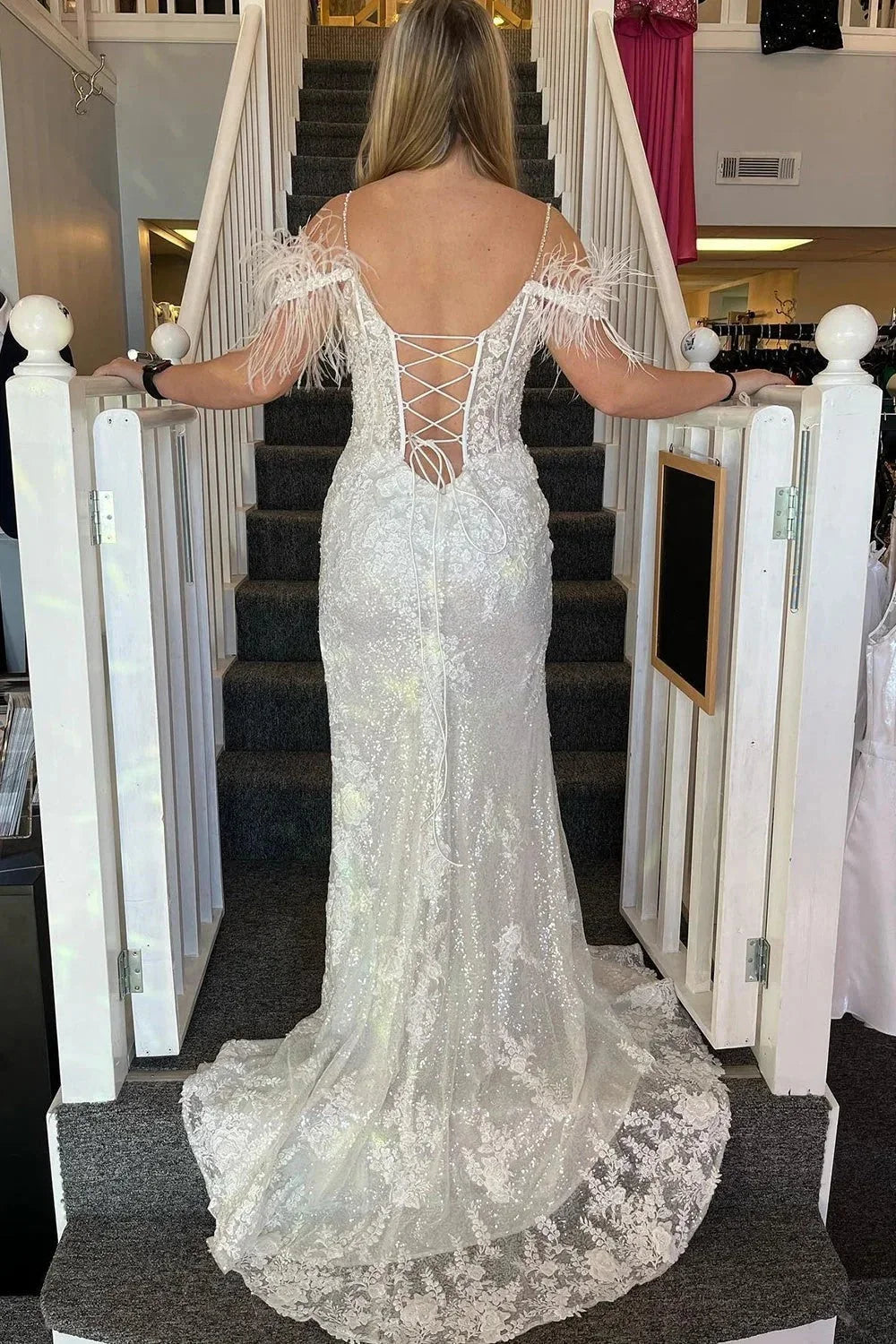 Pink Appliques Mermaid Split Prom Dress with Feathers  PSK498