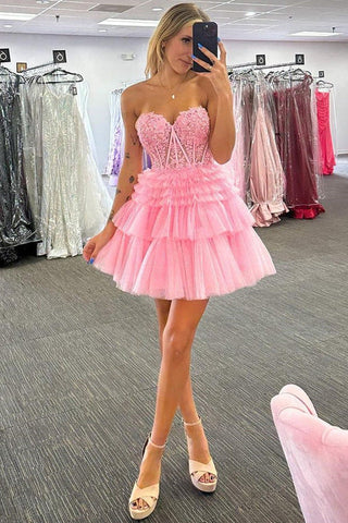 Rosa Homecoming-Kleid mit Applikationen, trägerlos, A-Linie, mehrlagig, PD502