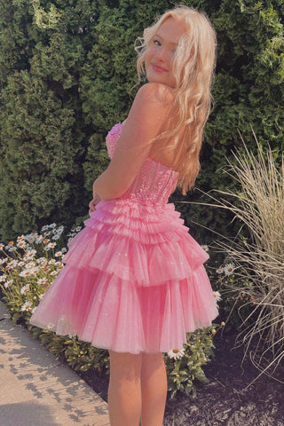 Rosa Homecoming-Kleid mit Applikationen, trägerlos, A-Linie, mehrlagig, PD502