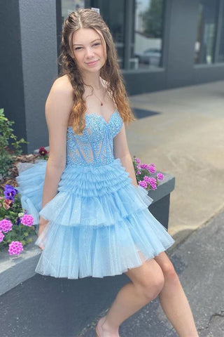 Rosa Homecoming-Kleid mit Applikationen, trägerlos, A-Linie, mehrlagig, PD502