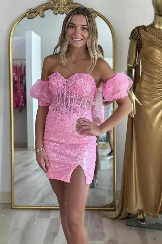 Pink Strapless Applique Bodycon Homecoming Dress wiith Sleeves PD542 by pgmdress