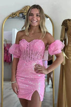 Pink Strapless Applique Bodycon Homecoming Dress wiith Sleeves PD557 by pgmdress