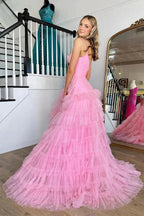 Pink V-Neck Empire Waist Tiered Long Prom Dress with Ruffles PSK409 by pgmdress