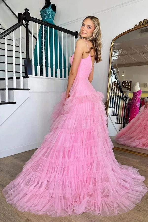 Pink V-Neck Empire Waist Tiered Long Prom Dress with Ruffles PSK409 by pgmdress