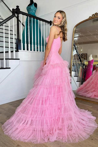 Rosa Ballkleid mit V-Ausschnitt, Empire-Taille, Stufen und Rüschen, PSK409