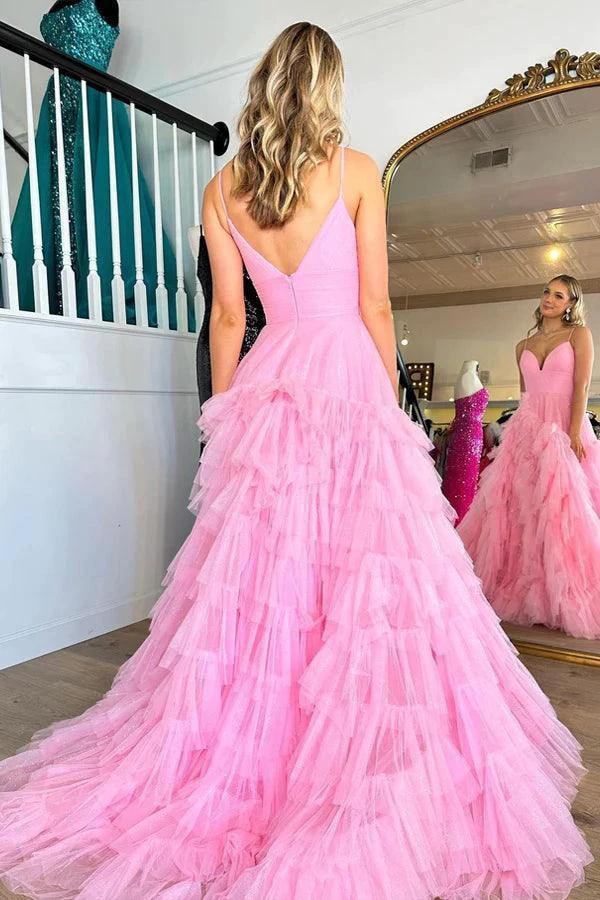 Pink V-Neck Empire Waist Tiered Long Prom Dress with Ruffles PSK409 by pgmdress