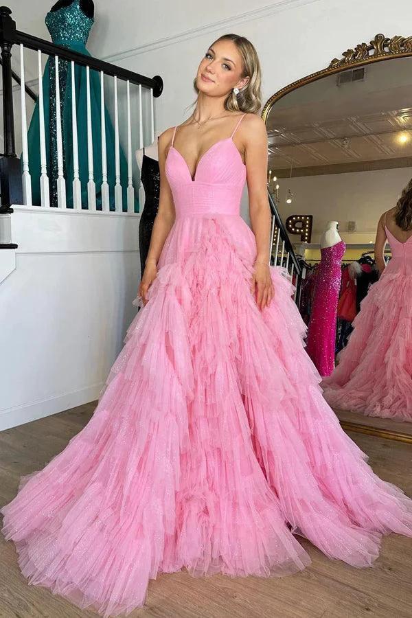 Pink V-Neck Empire Waist Tiered Long Prom Dress with Ruffles PSK409 by pgmdress