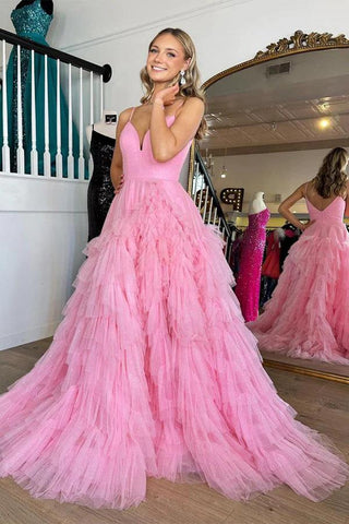 Rosa Ballkleid mit V-Ausschnitt, Empire-Taille, Stufen und Rüschen, PSK409