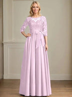 A-line Scoop Illusion Floor-Length Satin Lace Mother of the Bride Dress With Sequins Bow by Dreamylily