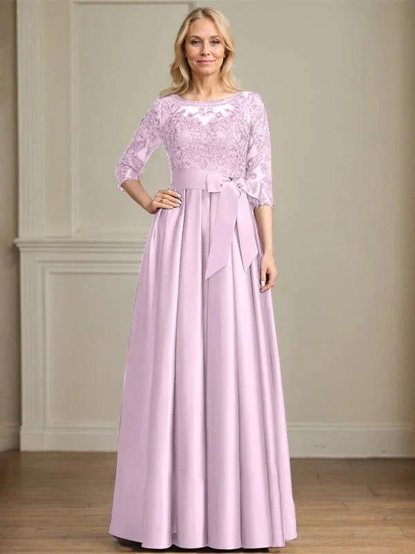 A-line Scoop Illusion Floor-Length Satin Lace Mother of the Bride Dress With Sequins Bow by Dreamylily
