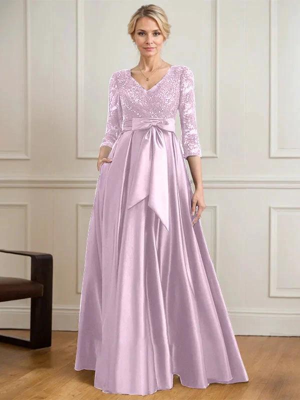 A-line V-Neck Floor-Length Satin Lace Mother of the Bride Dress With Sequins Bow by Dreamylily