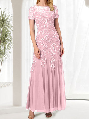 Vestido largo de sirena azul con cuello redondo para madre de la novia con cuentas