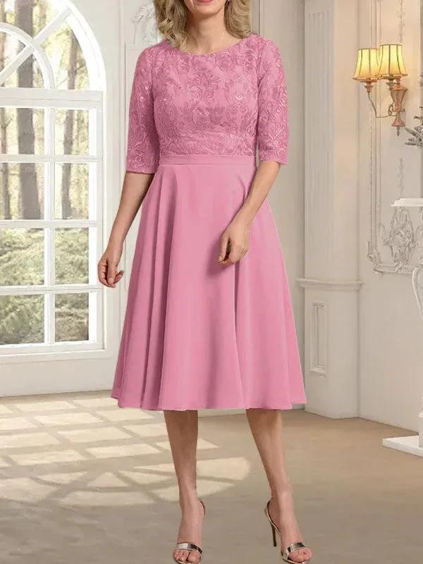 A-line Scoop Knee-Length Lace Chiffon Mother of the Bride Dress by Dreamylily
