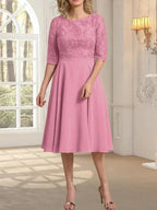 A-line Scoop Knee-Length Lace Chiffon Mother of the Bride Dress by Dreamylily