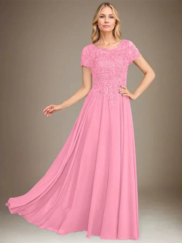 A-Line Scoop Floor-Length Chiffon Mother of the Bride Dress With Applique & Sequins by Dreamylily