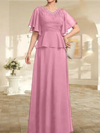 A-line V-Neck Floor-Length Chiffon Mother of the Bride Dress With Pleated Beading by Dreamylily