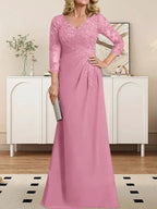 Sheath/Column V-Neck Illusion Floor-Length Lace Chiffon Mother of the Bride Dress With Pleated Sequins by Dreamylily