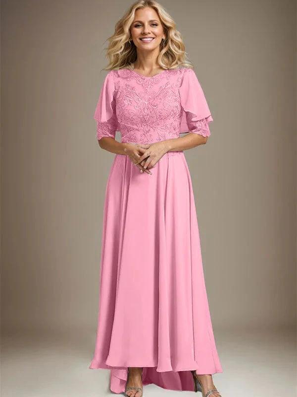 A-line Scoop Illusion Asymmetrical Chiffon Lace Mother of the Bride Dress With Beading by Dreamylily