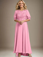 A-line Scoop Illusion Asymmetrical Chiffon Lace Mother of the Bride Dress With Beading by Dreamylily