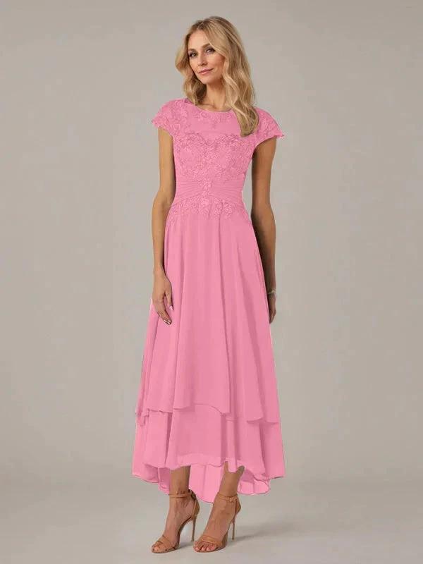 A-line Boat Neck Illusion Asymmetrical Chiffon Lace Mother of the Bride Dress With Applique Pleats by Dreamylily
