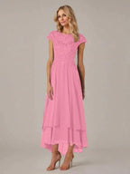 A-line Boat Neck Illusion Asymmetrical Chiffon Lace Mother of the Bride Dress With Applique Pleats by Dreamylily