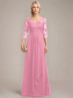 A-line V-Neck Floor-Length Lace Chiffon Mother of the Bride Dress With Cascading Ruffles Sequins by Dreamylily