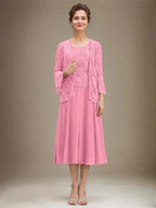 A-line Scoop Tea-Length Lace Chiffon Mother of the Bride Dress With Sequins by Dreamylily