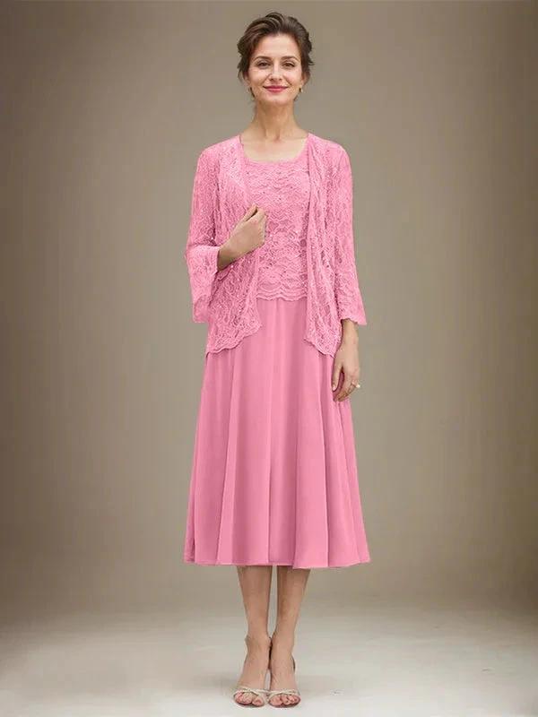 A-line Scoop Tea-Length Lace Chiffon Mother of the Bride Dress With Sequins by Dreamylily