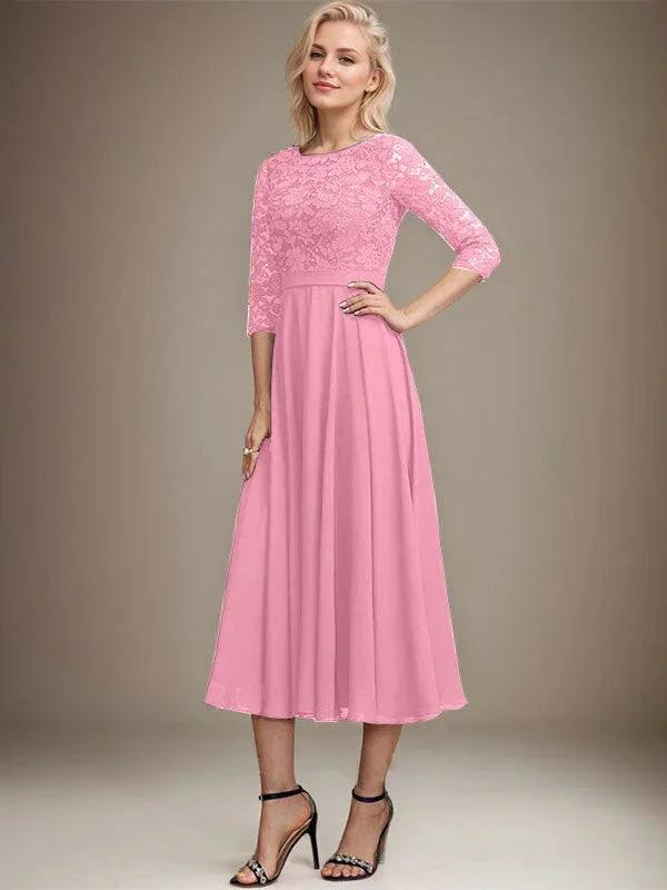 A-line Scoop Tea-Length Lace Chiffon Mother of the Bride Dress With Sequins by Dreamylily