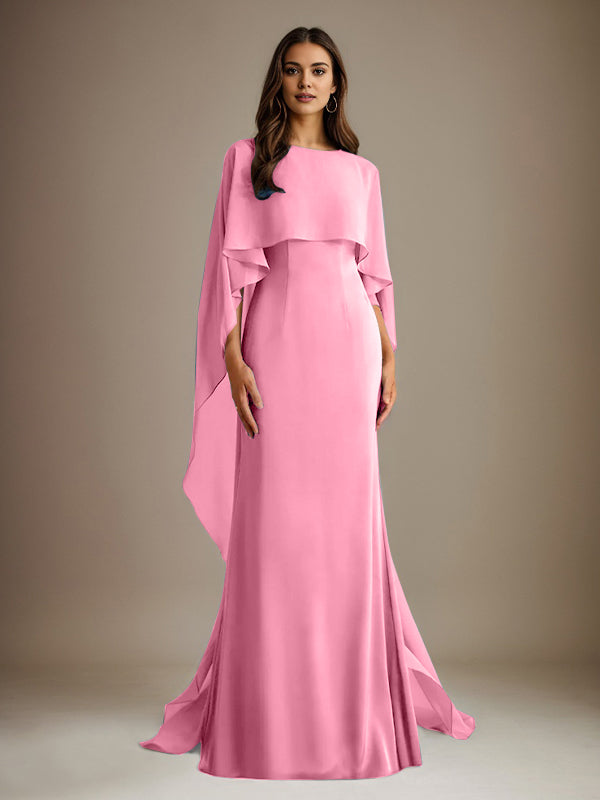 Sheath/Column Boatneck Floor-Length Chiffon Mother of the Bride Dress With Cascading Ruffles