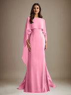 Sheath/Column Boatneck Floor-Length Chiffon Mother of the Bride Dress With Cascading Ruffles