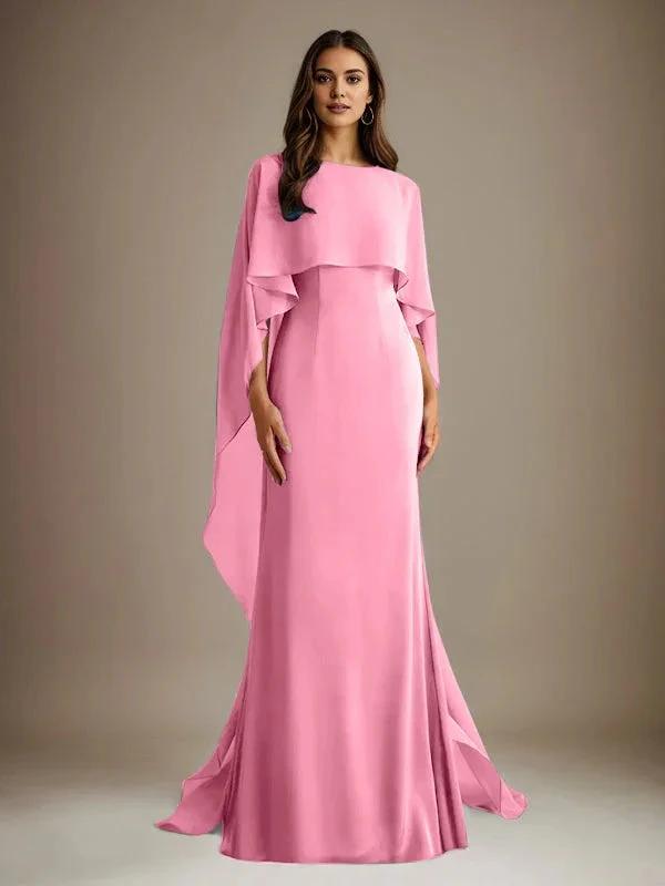 Sheath/Column Boatneck Floor-Length Chiffon Mother of the Bride Dress With Cascading Ruffles by Dreamylily