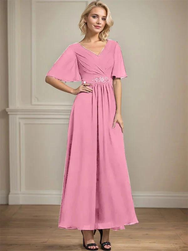 A-line V-Neck Ankle-Length Chiffon Mother of the Bride Dress With Pleated Beading Sequins by Dreamylily