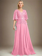 A-line V-Neck Floor-Length Chiffon Lace Mother of the Bride Dress With Crystal Brooch Rhinestone by Dreamylily