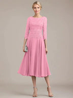 A-line Scoop Tea-Length Lace Chiffon Mother of the Bride Dress by Dreamylily