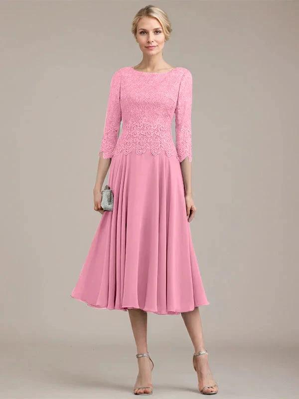 A-line Scoop Tea-Length Lace Chiffon Mother of the Bride Dress by Dreamylily