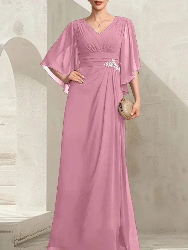 Sheath/Column V-Neck Floor-Length Chiffon Mother of the Bride Dress With Pleated Sequins Beading by Dreamylily