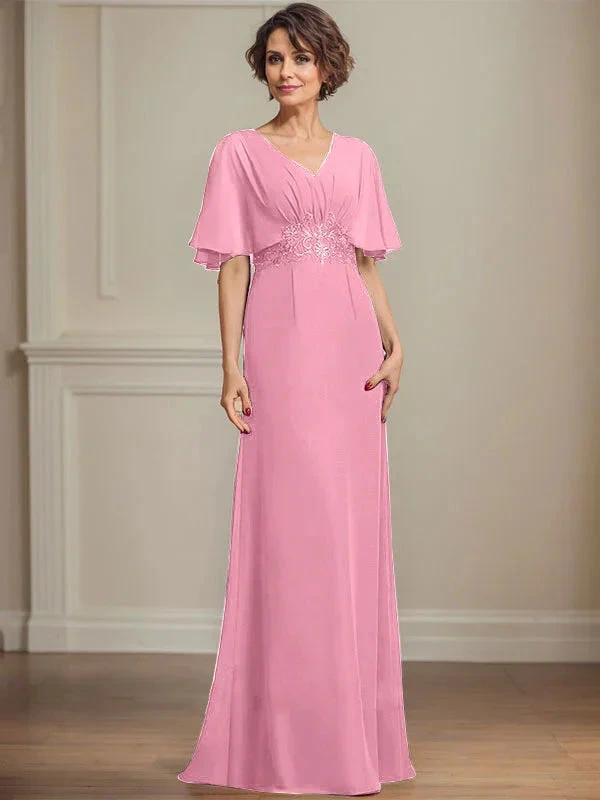 A-line V-Neck Floor-Length Chiffon Mother of the Bride Dress With Pleated Sequins Appliques Lace by Dreamylily