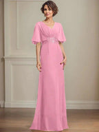 A-line V-Neck Floor-Length Chiffon Mother of the Bride Dress With Pleated Sequins Appliques Lace by Dreamylily