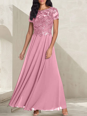 Vestido largo de madre de la novia con escote redondo, corte A, color gris carbón y cuentas