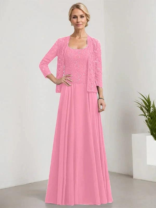 A-line Square Floor-Length Lace Chiffon Mother of the Bride Dress With Sequins by Dreamylily