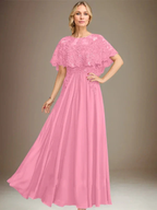 A-line Boat Neck Floor-Length Lace Chiffon Mother of the Bride Dress With Applique Sequins by Dreamylily