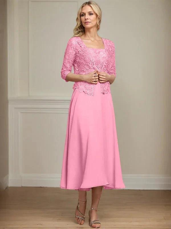 A-line Square Tea-Length Chiffon Lace Mother of the Bride Dress With Sequins Beading by Dreamylily