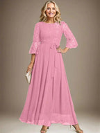 A-line Scoop Ankle-Length Lace Chiffon Mother of the Bride Dress With Bow by Dreamylily