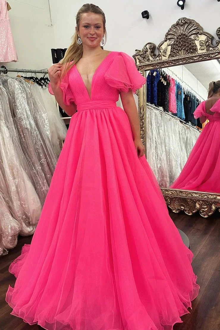 Orange Plunge V Ruffled Sleeve A-Line Long Formal Dress by KissProm