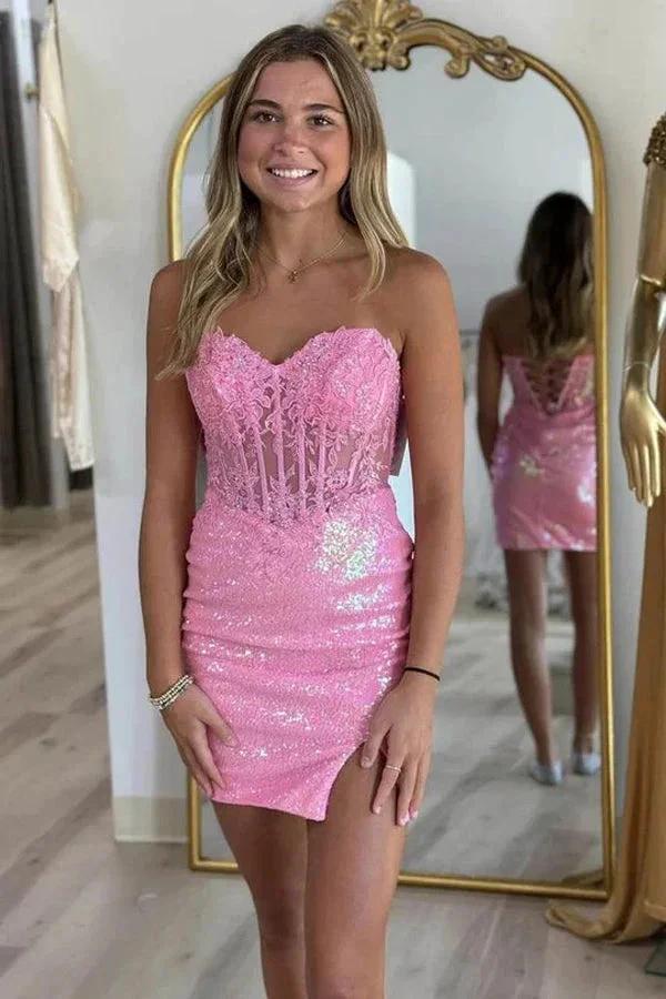 Pink Strapless Applique Bodycon Homecoming Dress wiith Sleeves PD557 by pgmdress