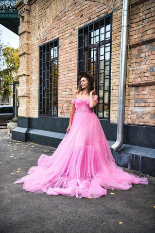 Vestido de tul rosa y vestido de cumpleaños rosa 2025 SY035