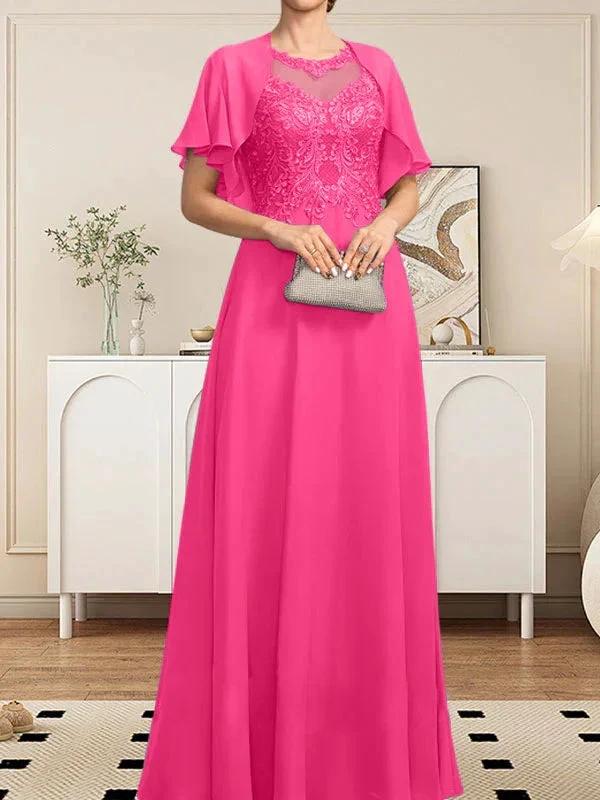 A-line Scoop Illusion Floor-Length Lace Chiffon Mother of the Bride Dress With Sequins by Dreamylily